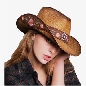 Cowboy Hats for Women, Brown Cowgirl Hats Classic Straw Western Hats